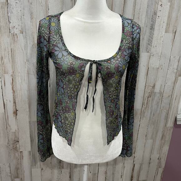 Women’s Sheer Groovy Floral Tie Front Bell Sleeve Festival Top Size Small - Picture 1 of 6